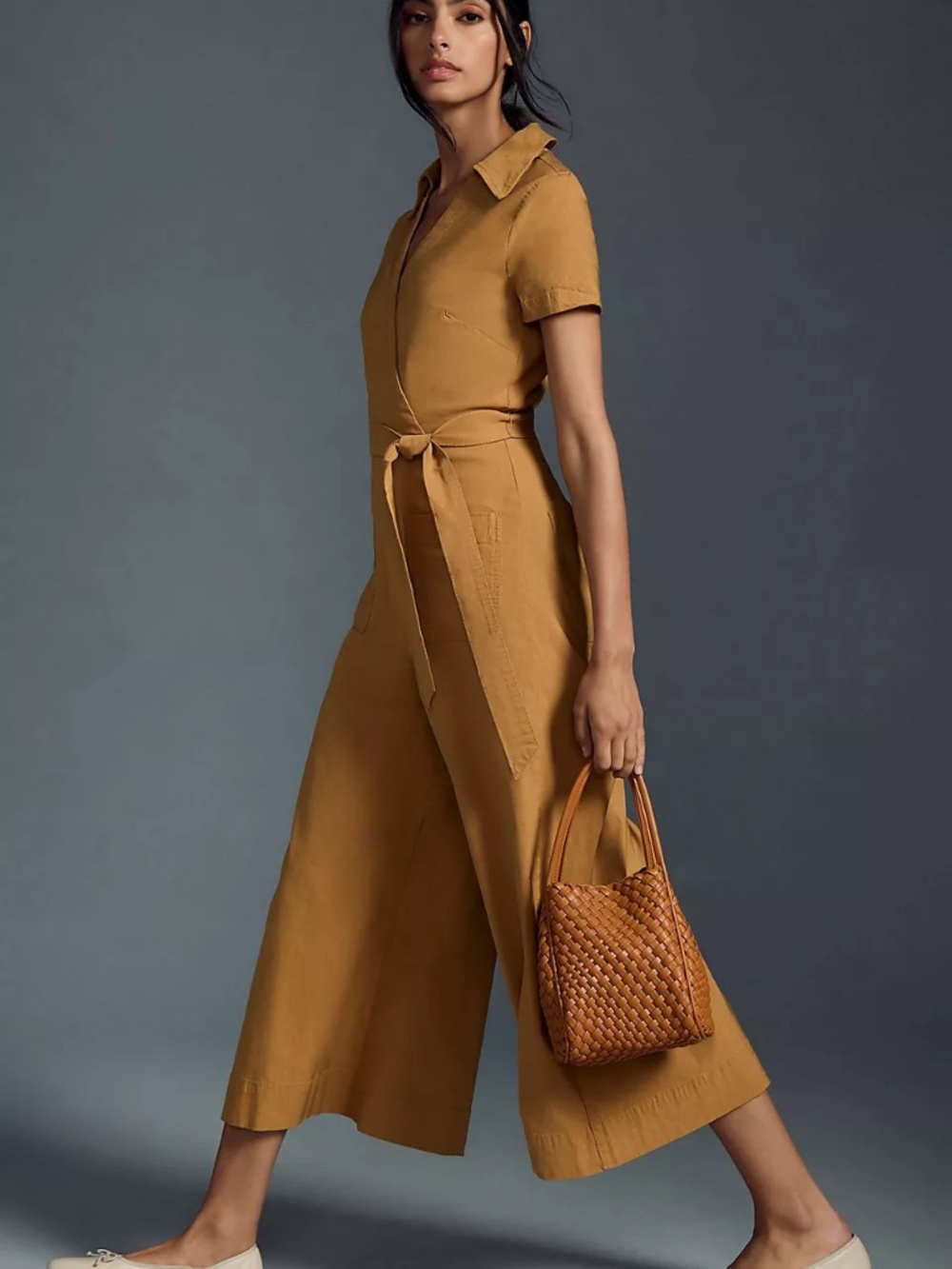 Maeve Anthropologie Faux-Wrap Culotte Jumpsuit Brown Size 10 - Picture 2 of 12